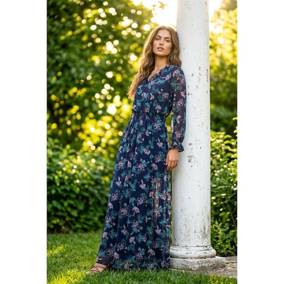 Just Me (JMD); possibly Lulus Pants - Lulus Just Me Jumpsuit Women’s Size S Navy Floral Sheer overlay Long Sleeve